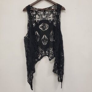 Jastie Womens Asymmetrical Open Crochet Sleeveless Fairy Grunge Top Size M Black